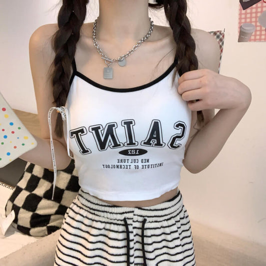 Korean letter print sports camisole, anti-exposure padded tank top, summer knit bra vest, cute activewear camisole for girls