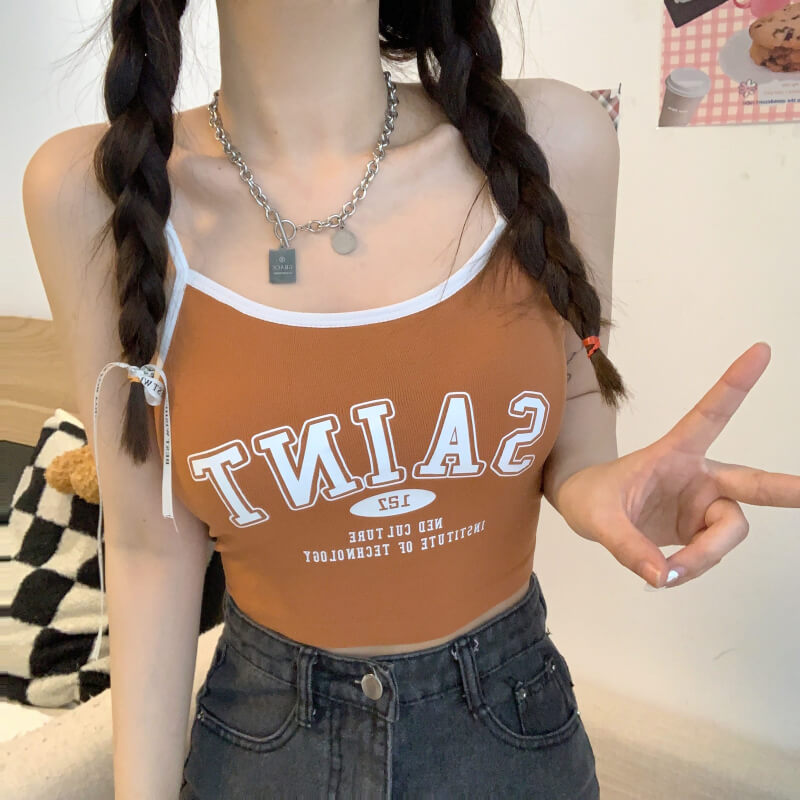 Korean letter print sports camisole, anti-exposure padded tank top, summer knit bra vest, cute activewear camisole for girls