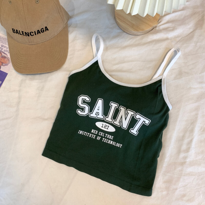 Korean letter print sports camisole, anti-exposure padded tank top, summer knit bra vest, cute activewear camisole for girls