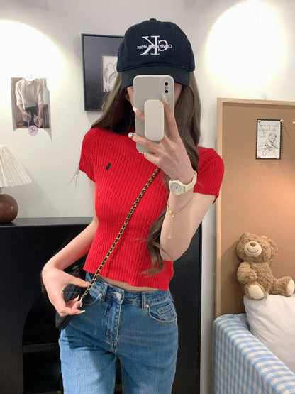 OOTDAY embroidered knit t-shirt, slim fit summer tee for women, sweet soft cotton top, breathable short sleeve knitwear, vintage style summer tee