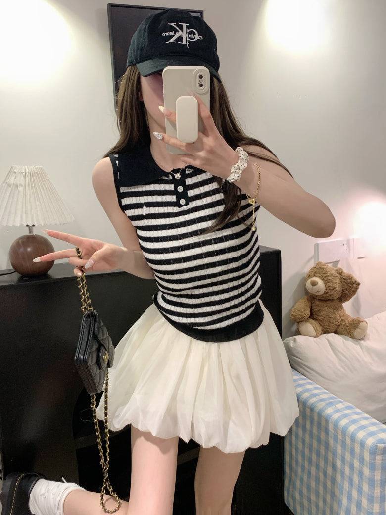 OOTDAY polo knit tank top, striped ice silk sleeveless top, breathable slim knitwear, summer tank for women, versatile knit vest with collar