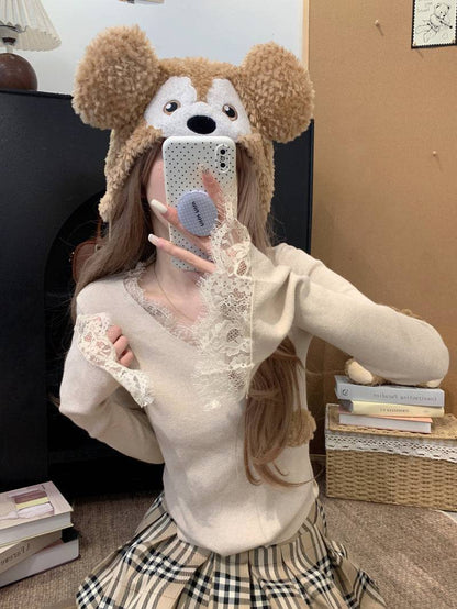 French lace knit top, V-neck pullover for girls, slim fit base layer, soft girl sweater spring, OOTDAY fashion