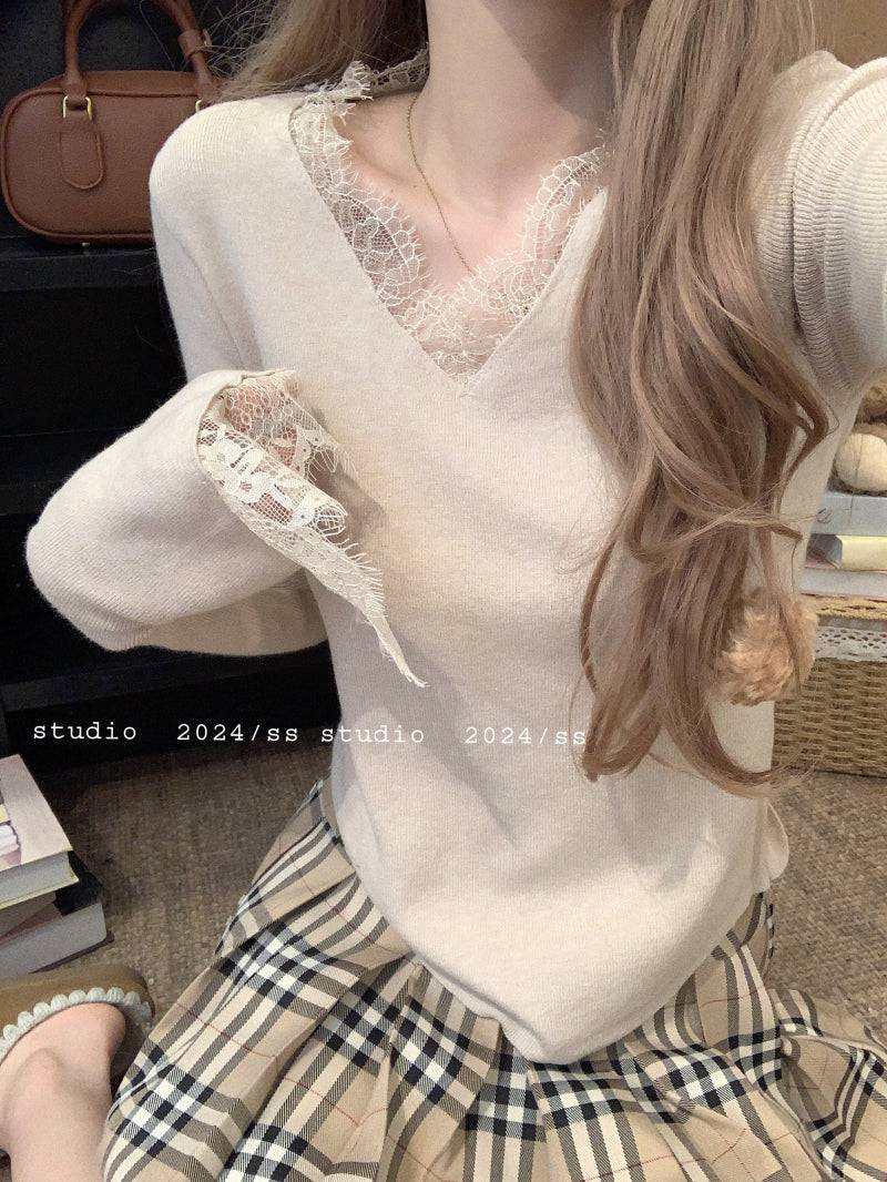 French lace knit top, V-neck pullover for girls, slim fit base layer, soft girl sweater spring, OOTDAY fashion