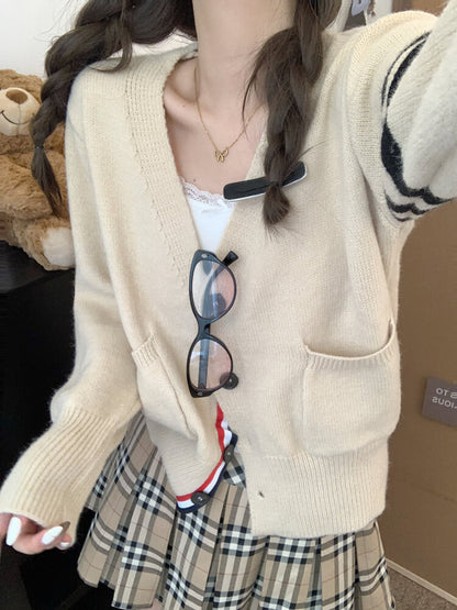 OOTDAY vintage knit cardigan, khaki striped sweater, oversized knit jacket, loose fit fall cardigan, sweet streetwear cardigan