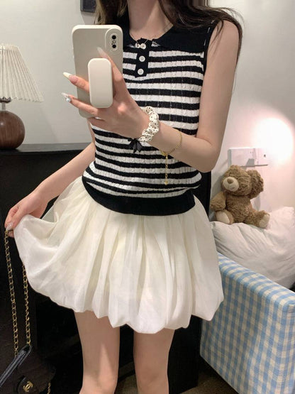 OOTDAY polo knit tank top, striped ice silk sleeveless top, breathable slim knitwear, summer tank for women, versatile knit vest with collar