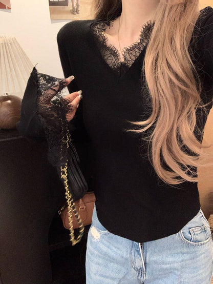 French lace knit top, V-neck pullover for girls, slim fit base layer, soft girl sweater spring, OOTDAY fashion