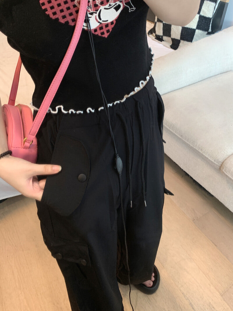 Pink drawstring wide-leg cargo pants for girls, high waist spring streetwear by OOTDAY