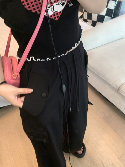 Pink drawstring wide-leg cargo pants for girls, high waist spring streetwear by OOTDAY