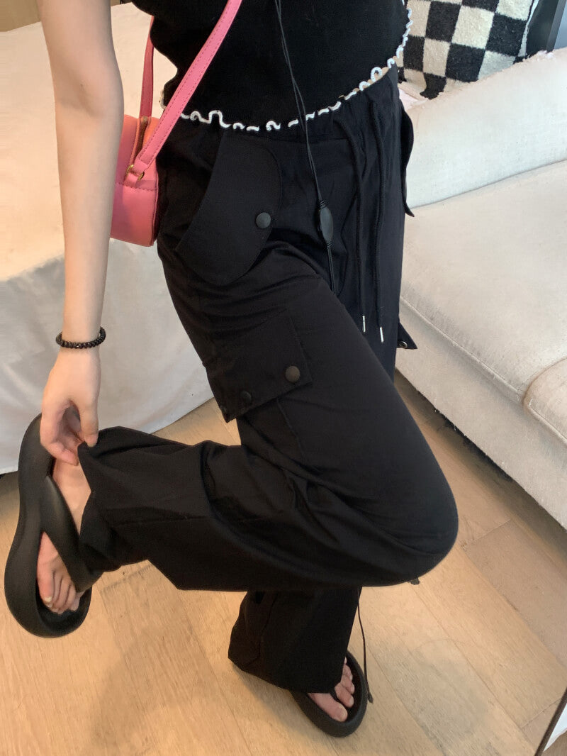 Pink drawstring wide-leg cargo pants for girls, high waist spring streetwear by OOTDAY