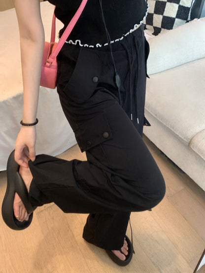 Pink drawstring wide-leg cargo pants for girls, high waist spring streetwear by OOTDAY