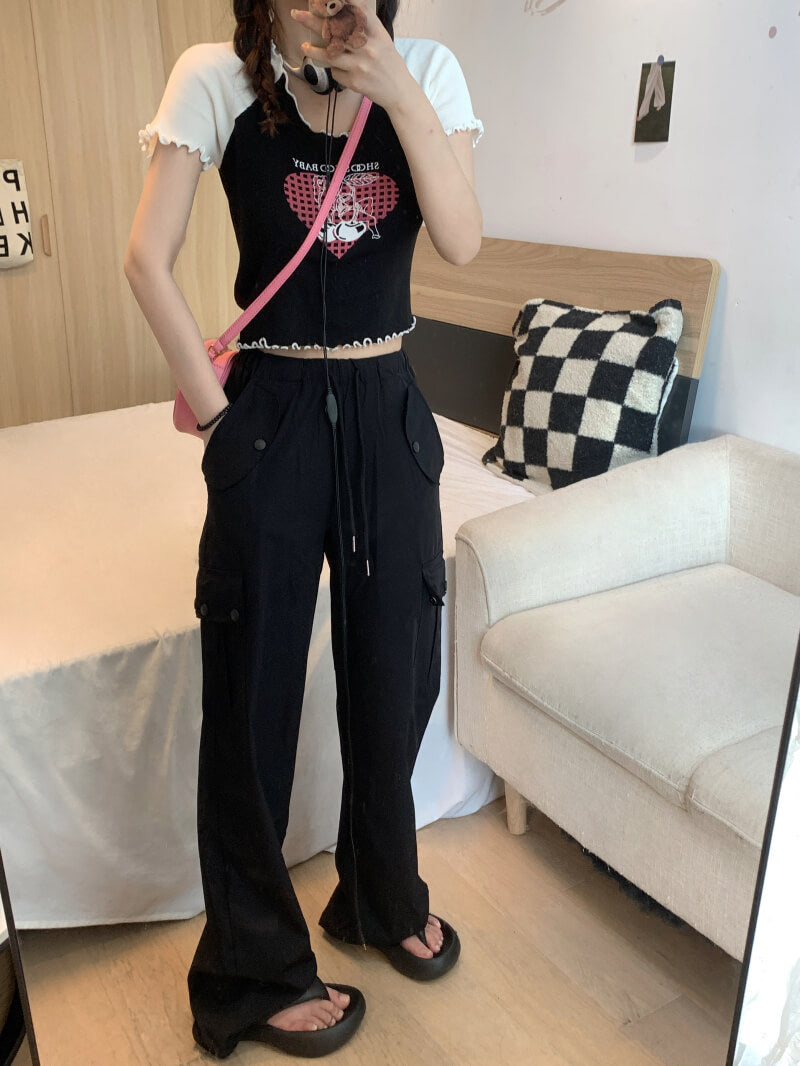 Pink drawstring wide-leg cargo pants for girls, high waist spring streetwear by OOTDAY
