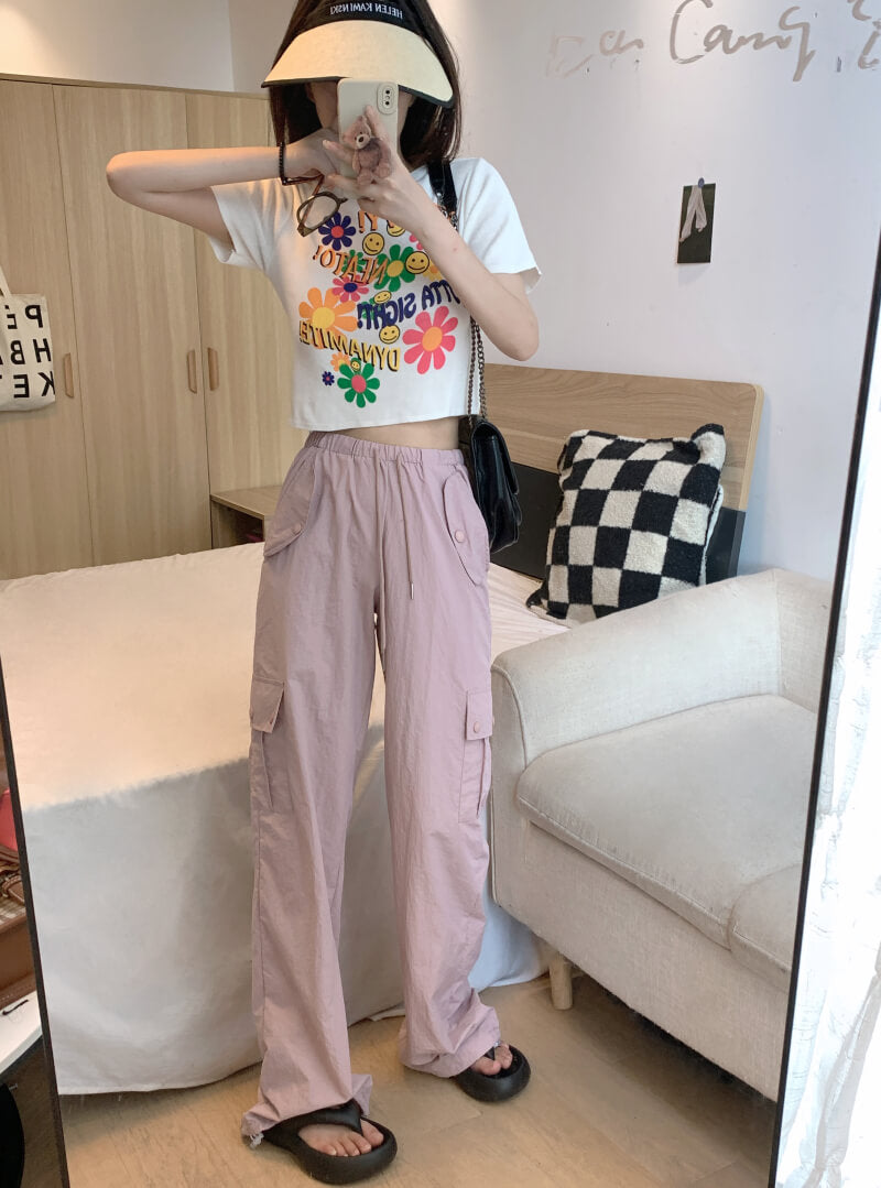 Pink drawstring wide-leg cargo pants for girls, high waist spring streetwear by OOTDAY