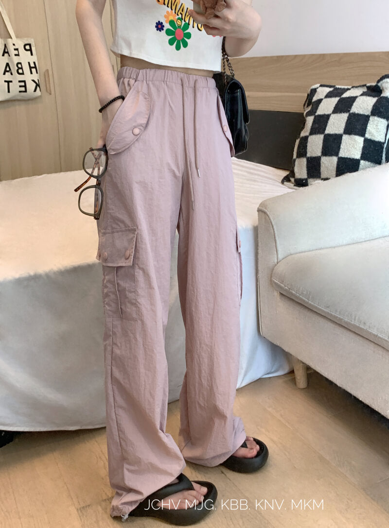 Pink drawstring wide-leg cargo pants for girls, high waist spring streetwear by OOTDAY