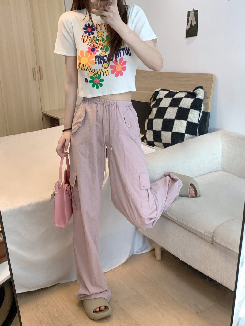 Pink drawstring wide-leg cargo pants for girls, high waist spring streetwear by OOTDAY