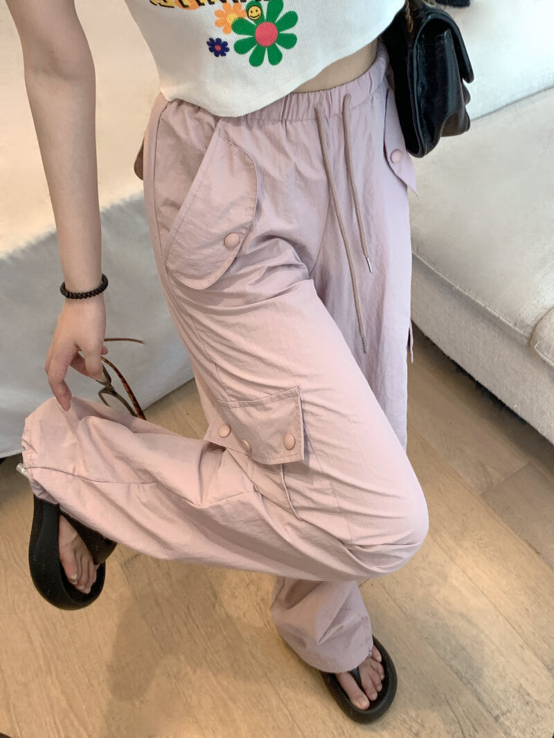 Pink drawstring wide-leg cargo pants for girls, high waist spring streetwear by OOTDAY