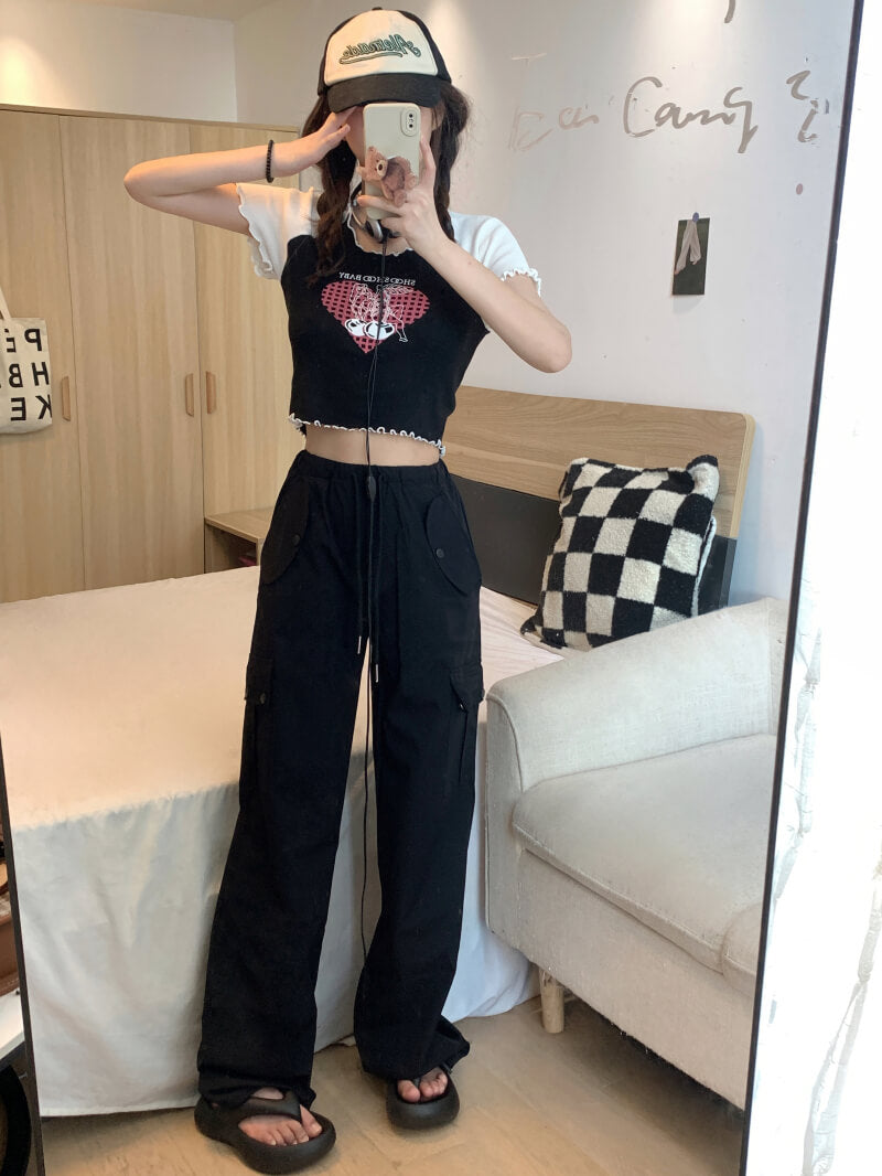 Pink drawstring wide-leg cargo pants for girls, high waist spring streetwear by OOTDAY