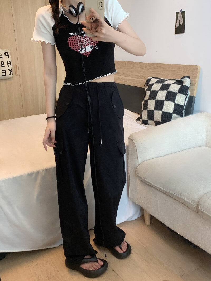 Pink drawstring wide-leg cargo pants for girls, high waist spring streetwear by OOTDAY