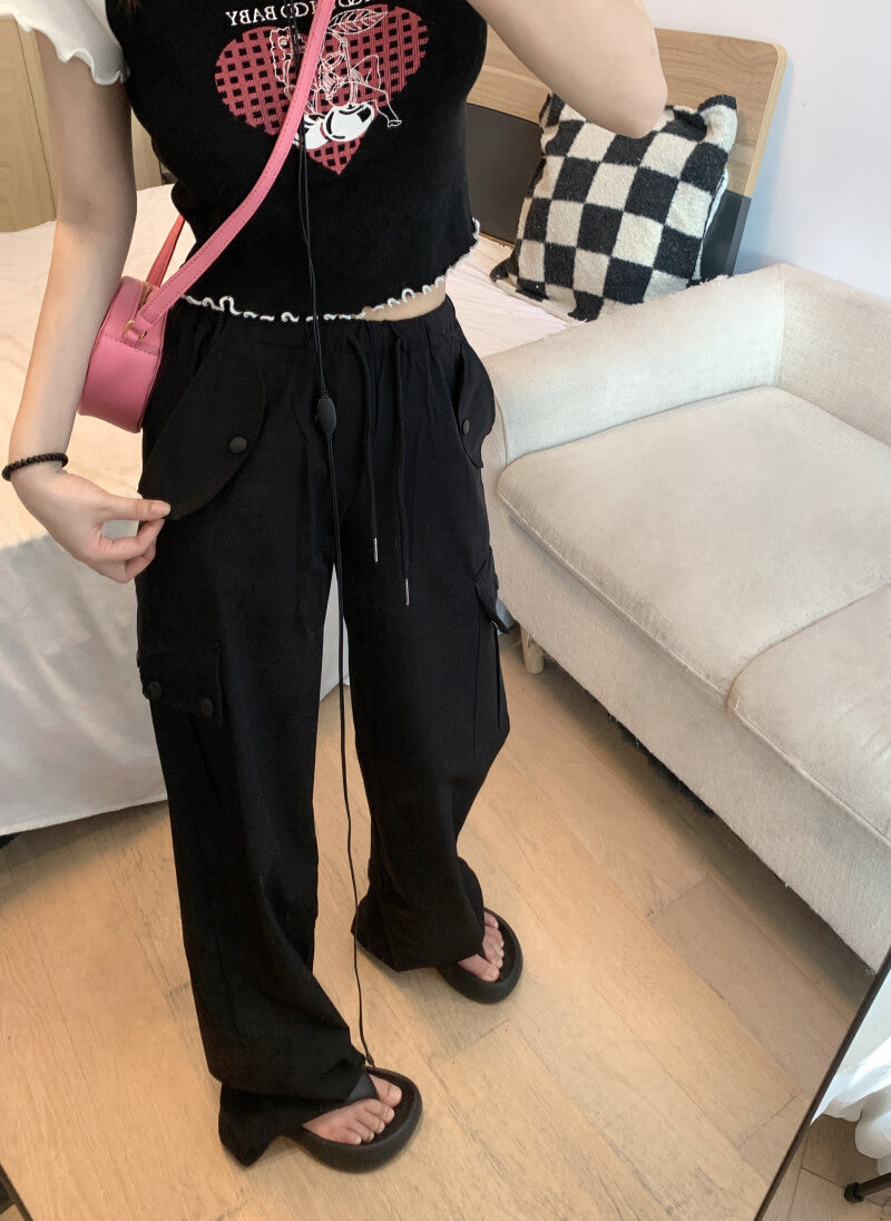 Pink drawstring wide-leg cargo pants for girls, high waist spring streetwear by OOTDAY
