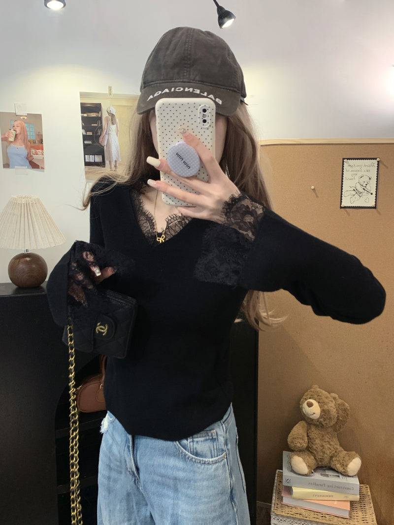 French lace knit top, V-neck pullover for girls, slim fit base layer, soft girl sweater spring, OOTDAY fashion
