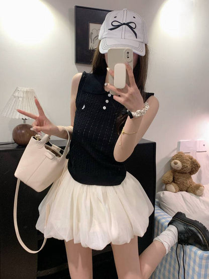 OOTDAY polo knit tank top, striped ice silk sleeveless top, breathable slim knitwear, summer tank for women, versatile knit vest with collar