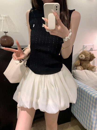 OOTDAY polo knit tank top, striped ice silk sleeveless top, breathable slim knitwear, summer tank for women, versatile knit vest with collar