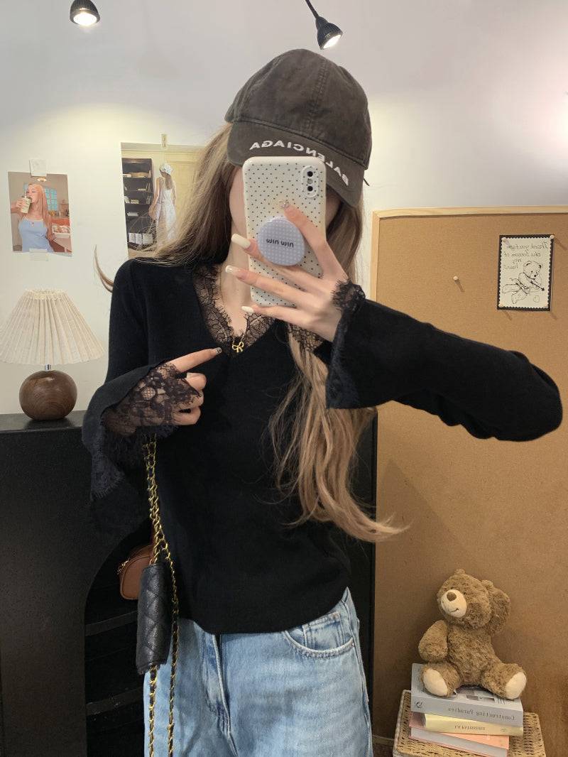 French lace knit top, V-neck pullover for girls, slim fit base layer, soft girl sweater spring, OOTDAY fashion