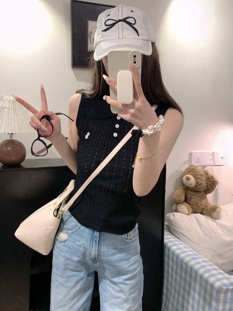 OOTDAY polo knit tank top, striped ice silk sleeveless top, breathable slim knitwear, summer tank for women, versatile knit vest with collar