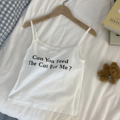 OOTDAY Letter Print Slim Fit Lace Camisole – Summer Y2K Tank Top