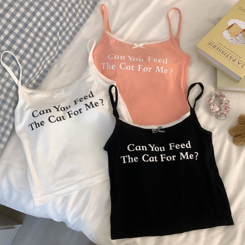 OOTDAY Letter Print Slim Fit Lace Camisole – Summer Y2K Tank Top