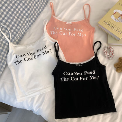 OOTDAY Letter Print Slim Fit Lace Camisole – Summer Y2K Tank Top