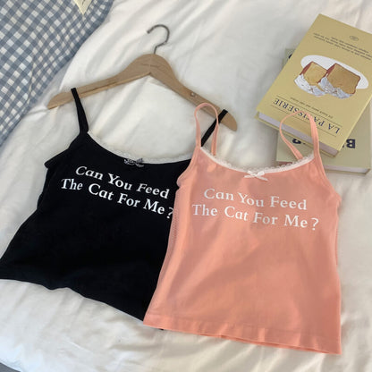 OOTDAY Letter Print Slim Fit Lace Camisole – Summer Y2K Tank Top