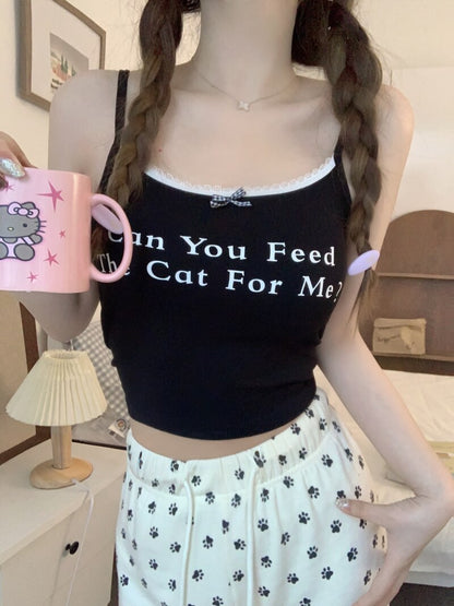 OOTDAY Letter Print Slim Fit Lace Camisole – Summer Y2K Tank Top