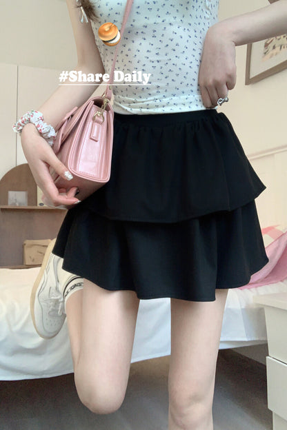 OOTDAY Sweet Ruffled Puff Mini Skirt – High Waist A-Line Skirt