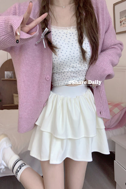 OOTDAY Sweet Ruffled Puff Mini Skirt – High Waist A-Line Skirt