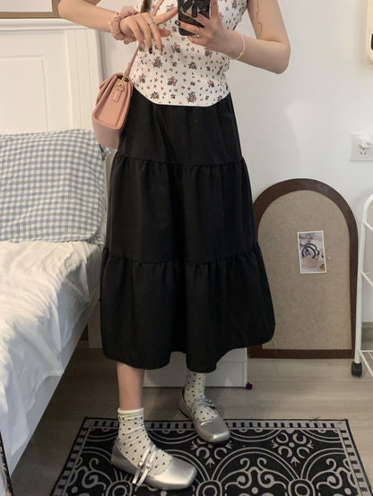 OOTDAY Sweet Preppy A-Line Skirt for Women – Mid-Length Gathered Summer Skirt in Black and Cream White
