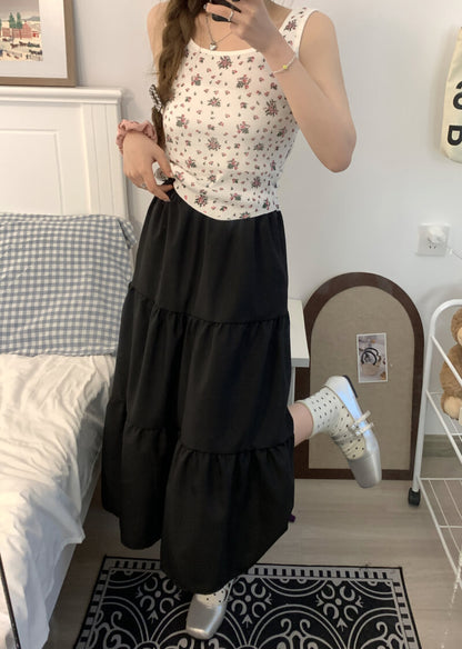 OOTDAY Sweet Preppy A-Line Skirt for Women – Mid-Length Gathered Summer Skirt in Black and Cream White