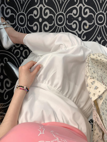 OOTDAY Sweet Preppy A-Line Skirt for Women – Mid-Length Gathered Summer Skirt in Black and Cream White