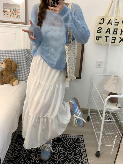 OOTDAY Sweet Preppy A-Line Skirt for Women – Mid-Length Gathered Summer Skirt in Black and Cream White