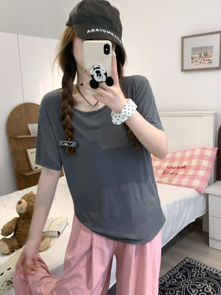 OOTDAY Ice Silk Short Sleeve Slim Tee for Women – Lightweight Summer Basic in Black, Blue, Yellow, Gray, Green