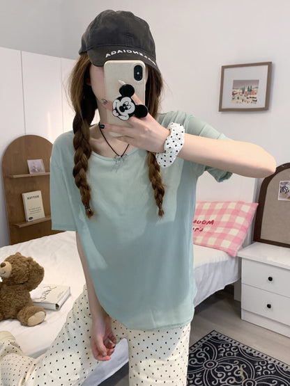 OOTDAY Ice Silk Short Sleeve Slim Tee for Women – Lightweight Summer Basic in Black, Blue, Yellow, Gray, Green