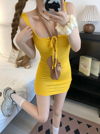OOTDAY Slim Knit Camisole Dress in Yellow, Purple, and Blue – Sweet Sexy Mini Dress for Summer