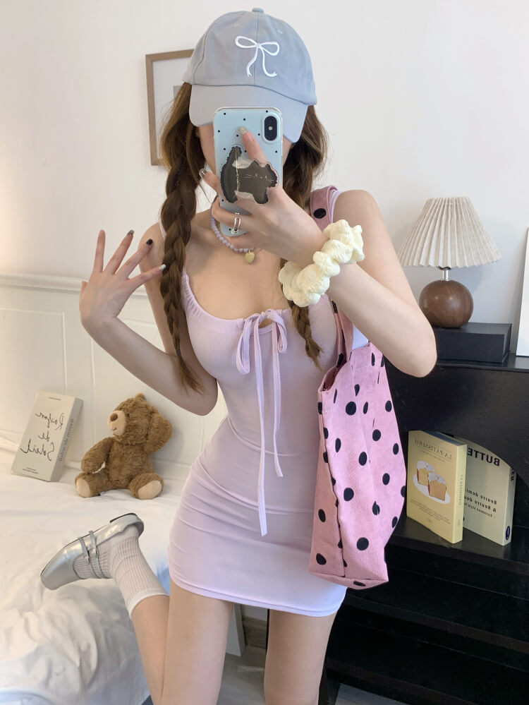 OOTDAY Slim Knit Camisole Dress in Yellow, Purple, and Blue – Sweet Sexy Mini Dress for Summer