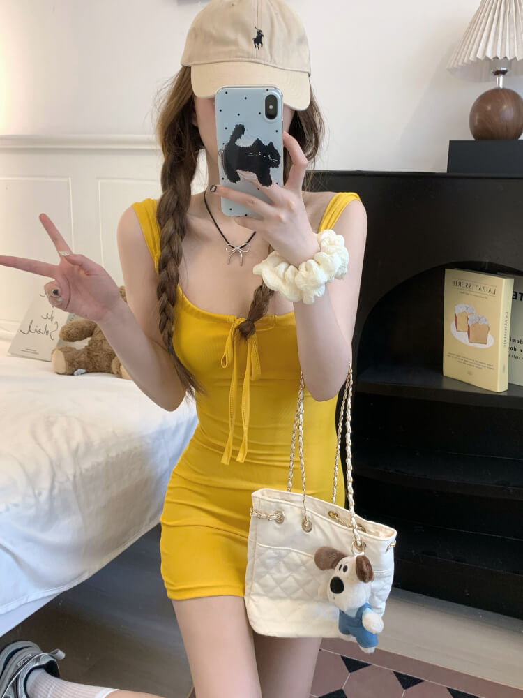 OOTDAY Slim Knit Camisole Dress in Yellow, Purple, and Blue – Sweet Sexy Mini Dress for Summer