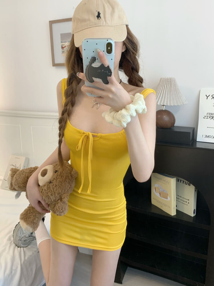 OOTDAY Slim Knit Camisole Dress in Yellow, Purple, and Blue – Sweet Sexy Mini Dress for Summer