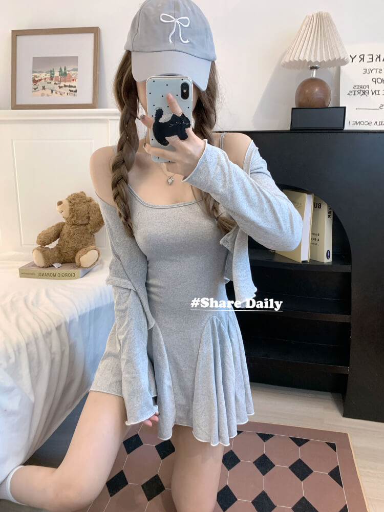 OOTDAY Gray Slim-Fit Camisole Dress and Cardigan Set – Summer Sexy Outfit for Girls