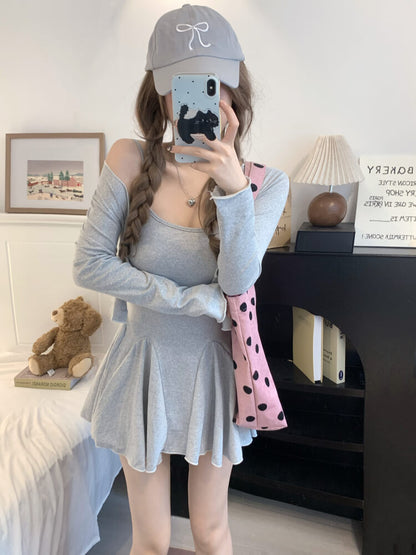 OOTDAY Gray Slim-Fit Camisole Dress and Cardigan Set – Summer Sexy Outfit for Girls