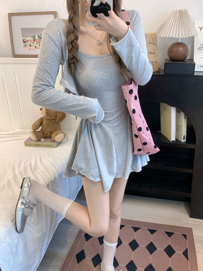 OOTDAY Gray Slim-Fit Camisole Dress and Cardigan Set – Summer Sexy Outfit for Girls