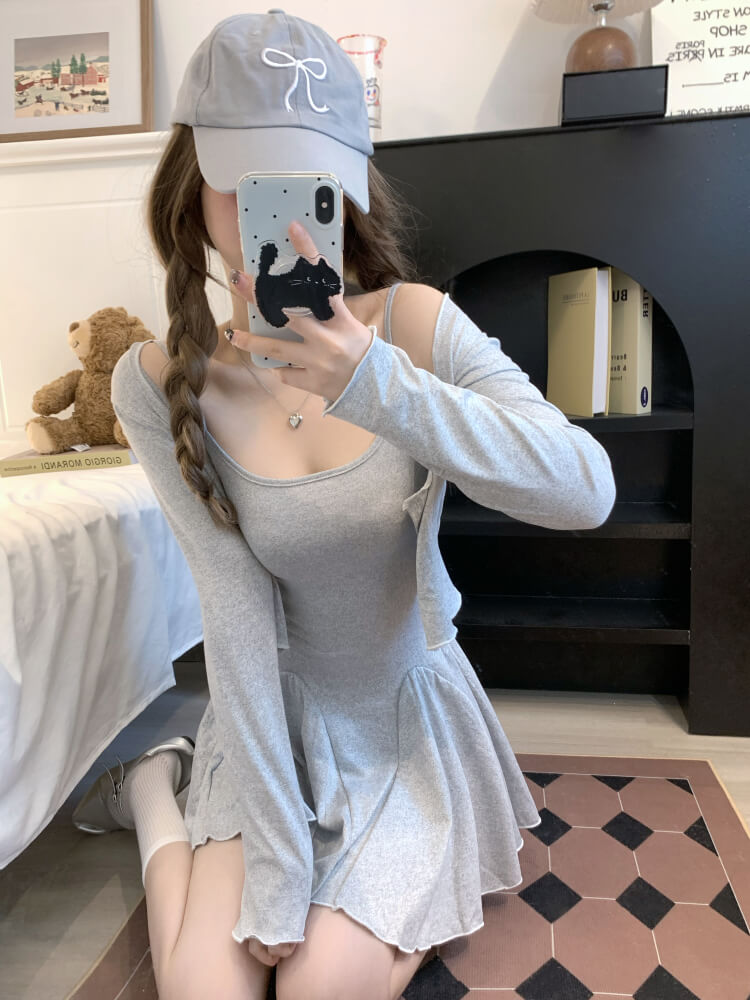 OOTDAY Gray Slim-Fit Camisole Dress and Cardigan Set – Summer Sexy Outfit for Girls