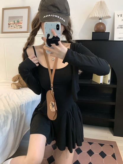 OOTDAY Gray Slim-Fit Camisole Dress and Cardigan Set – Summer Sexy Outfit for Girls