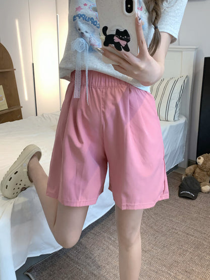 OOTDAY Pink Ice Silk Loose High Waist Shorts – Summer Casual Wear for Girls